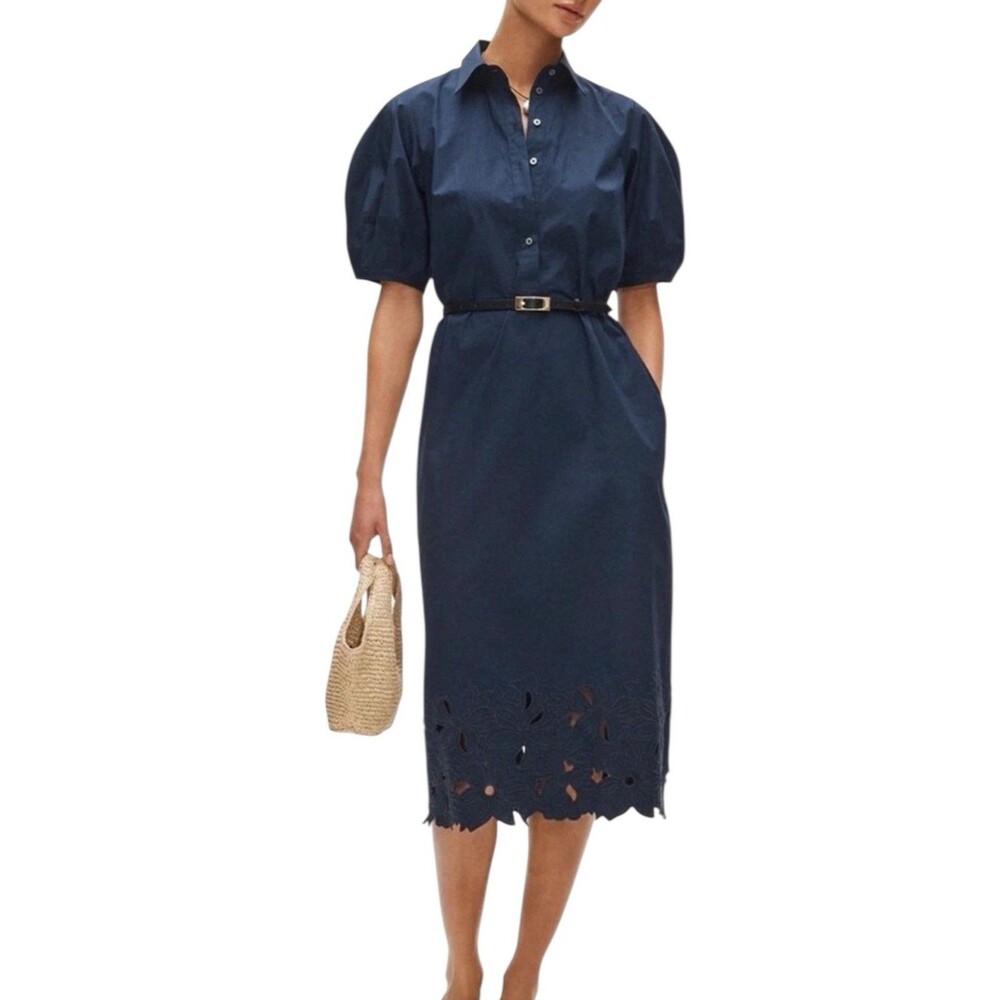 J Crew Tall Embroidered Shirt Dress Womens Blue Cotton Poplin Preppy Coastal - Picture 8 of 14